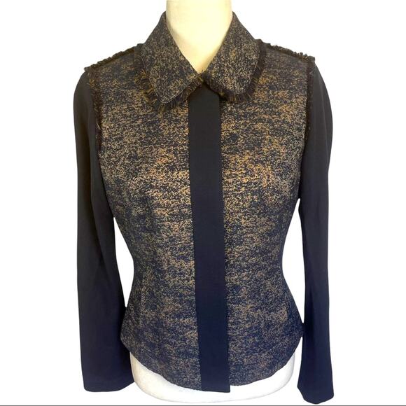 Worth Navy and Shimmering Gold Fringed Button Front Jacket Size 6 - Picture 2 of 9